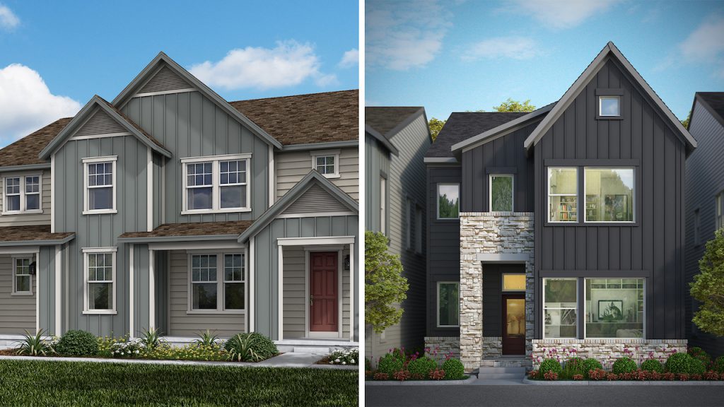 Exterior rendering of David Weekley Homes single-family home and KB Home's Villa plan at Baseline in Broomfield